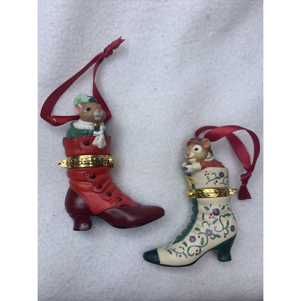 Lot Of 2 Hallmark Fashion Afoot Boot Christmas Ornament Hinged Boxes 2000-2001